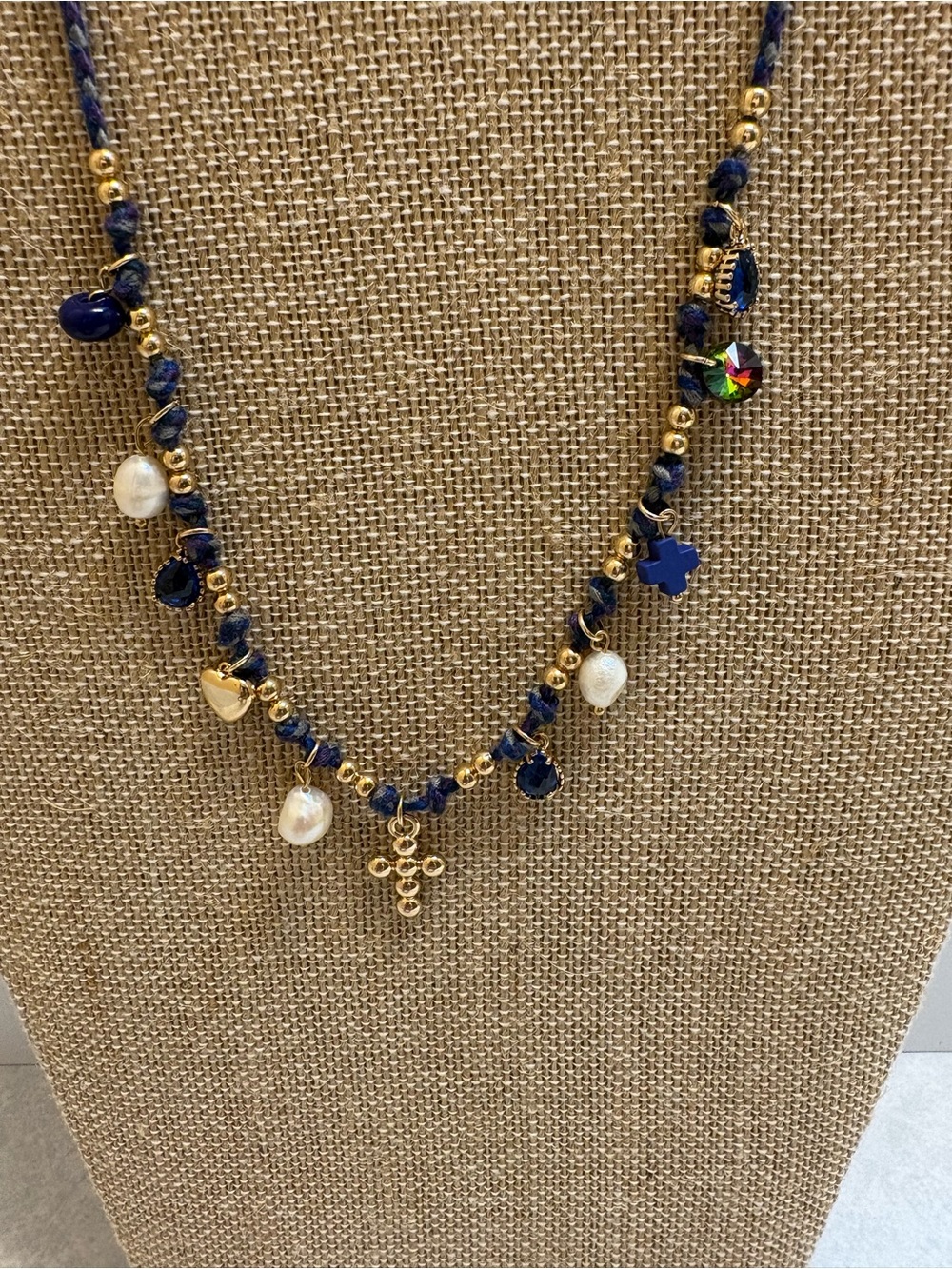 Gold and Navy Beaded Charm Necklace - Women Jewelry